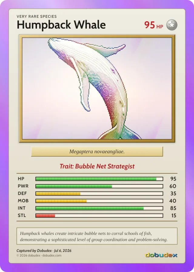 Very Rare dobudex card: breaching Humpback Whale, in a holographic purple frame