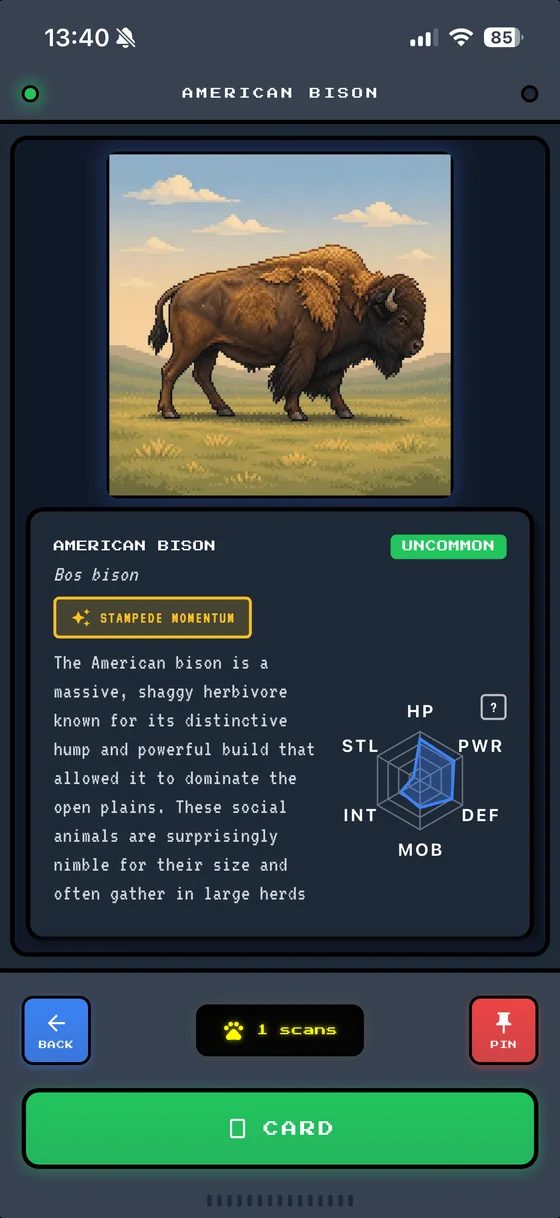 An American Bison creature card with stats and rarity